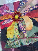 Close detail of Czech glass bead surface on original fabric flower and leaf botanical artwork Midnight Unfolding by Robyn Moore Arts, showing dense bead work catching light against deep violet batik fabric