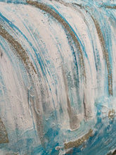 Close detail of waterfall with silver sparkle embellishment on original mixed media floral waterfall painting Through the Veil by Robyn Moore Arts, showing oversized pink bloom with fabric texture and gold detail
