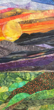 Close detail of layered batik fabric landscape strips on original fabric landscape artwork Where the Day Rests by Robyn Moore Arts, showing varied patterns of violet purple and deep green fabric creating rolling hillside terrain