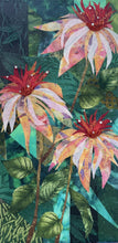 Original vertical botanical fabric art 16x8 inches, three cone flower blooms in blush pink peach orange and crimson batik fabric rising on slender stems, Czech glass bead and crystal embellished centers, deep forest green and teal batik background with leaf forms, on birch panel, part of the Floral and Botanical Collection by Robyn Moore Arts