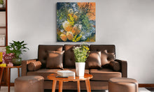 Living room with a brown sofa, coffee table, and textured banksia blooms painting on the wall.