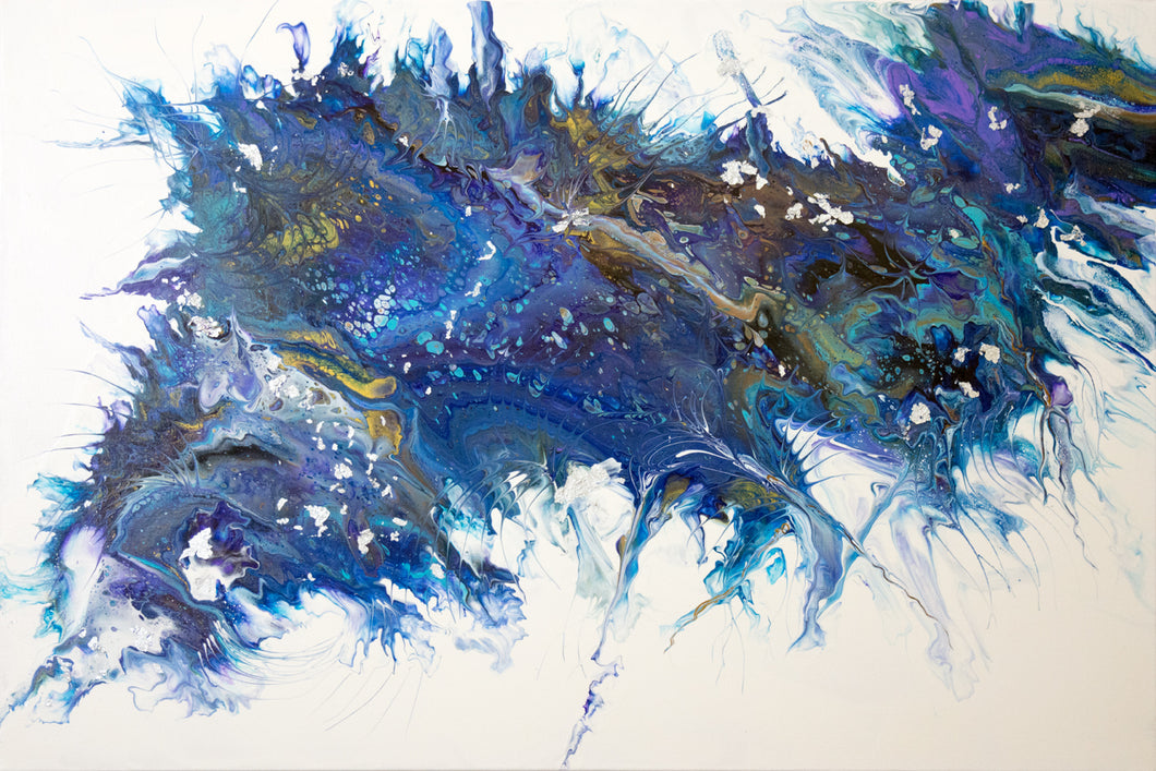 abstract fluid acrylic painting with texture and vibrant blue colors