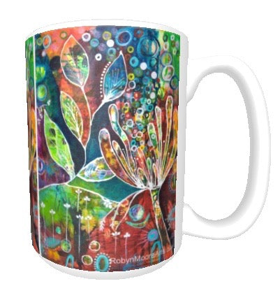 15oz ceramic art mug. Vibrant abstract flower painting.