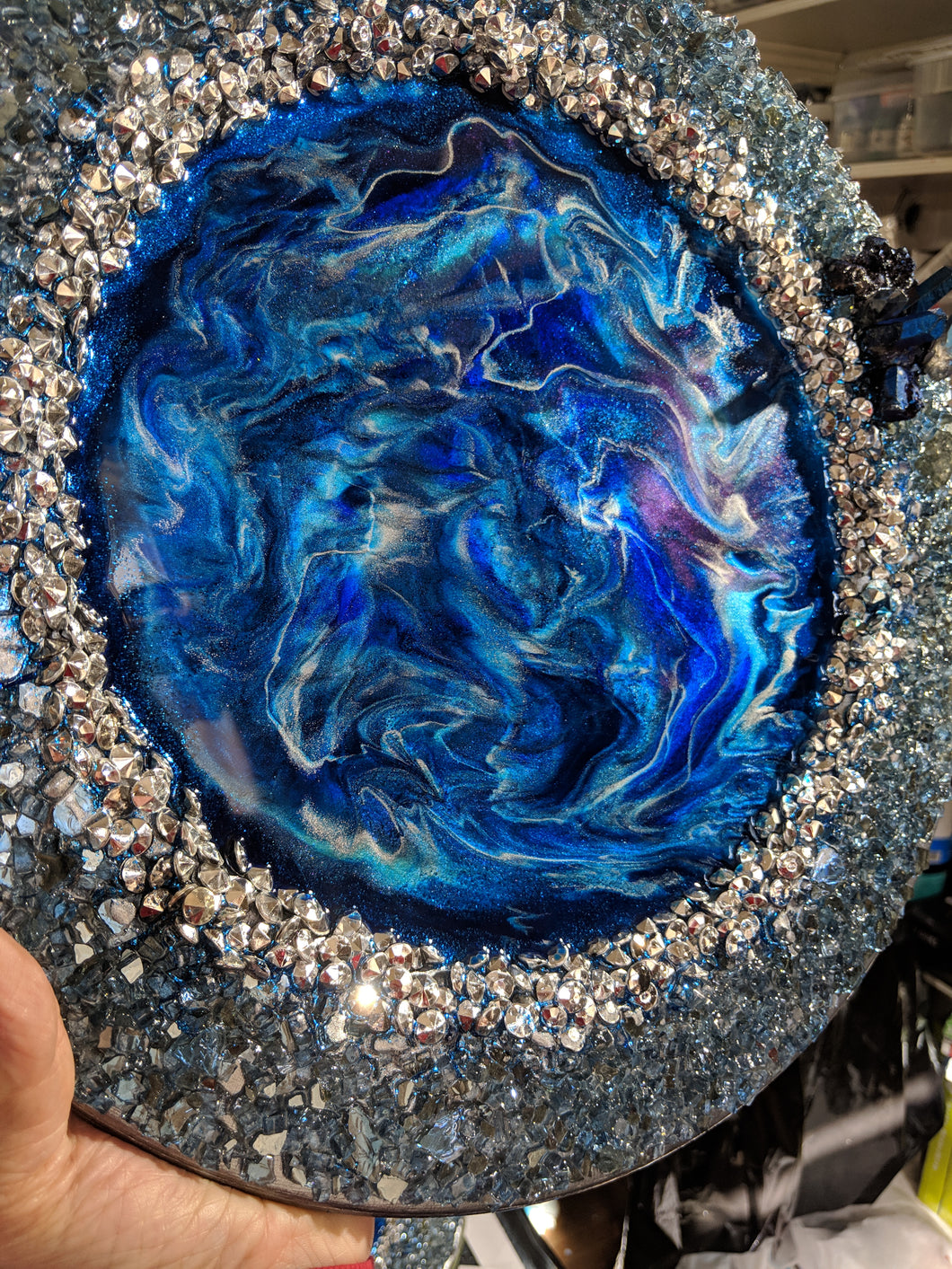 blue teal resin charger fire glass crystals silver gems