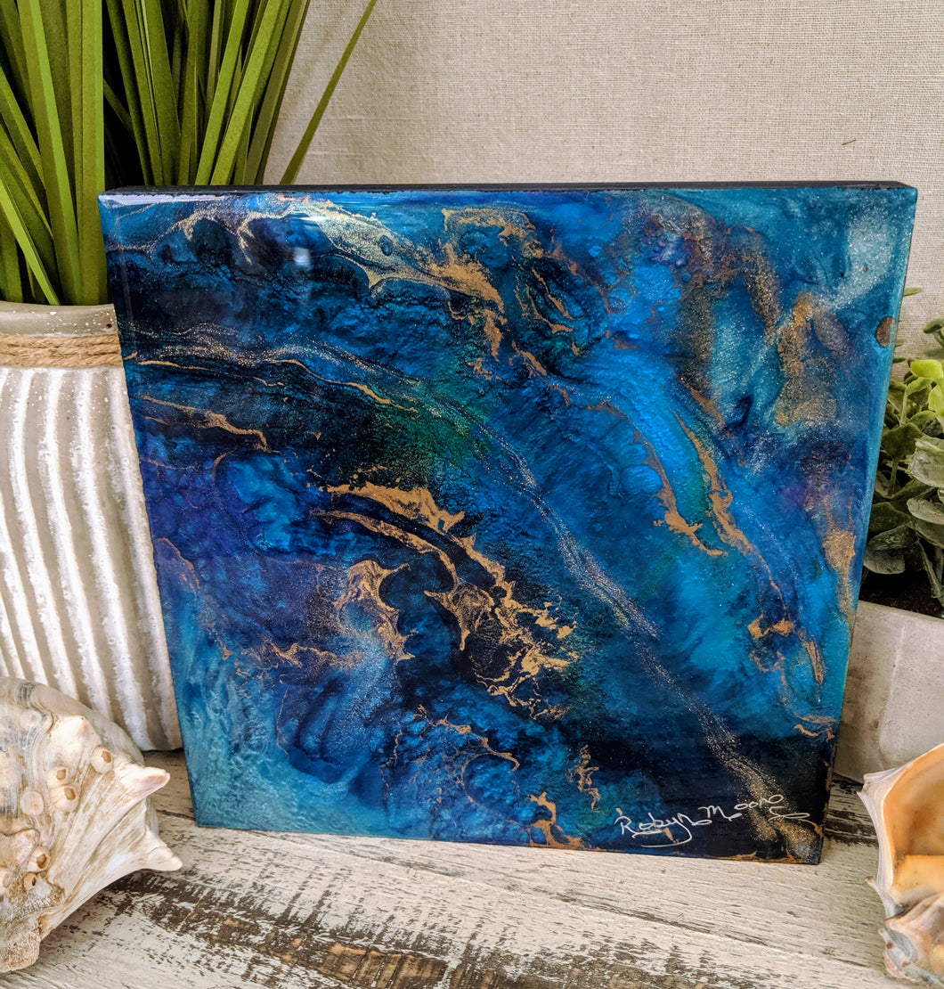 abstract blue teal resin art with gold