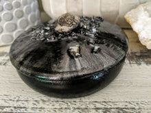 Black silver jewelry box with fire glass and geode 