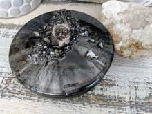 Black silver jewelry box with fire glass and geode 