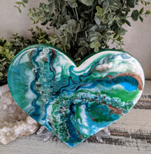 teal blue green heart copper and fire glass