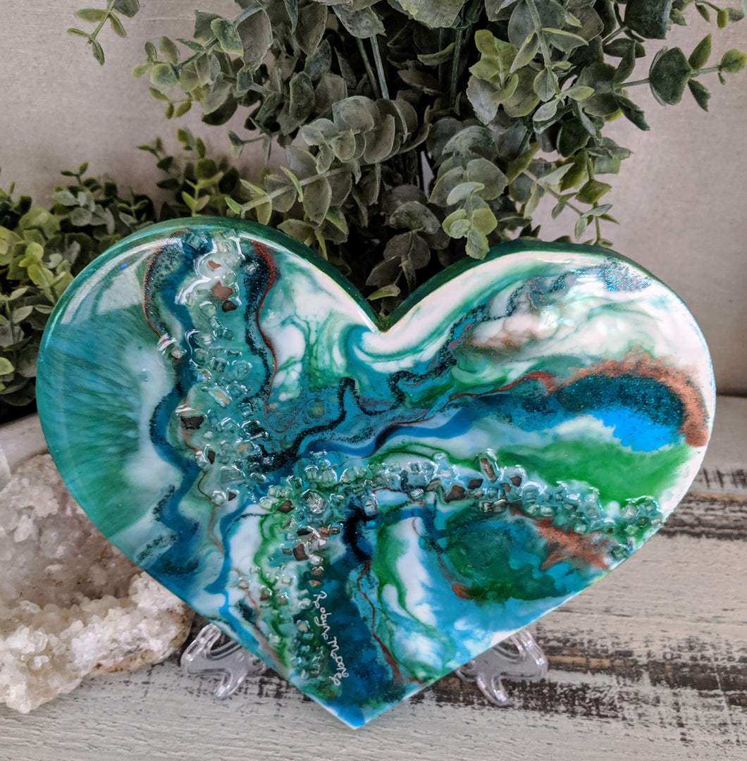 teal blue green heart copper and fire glass
