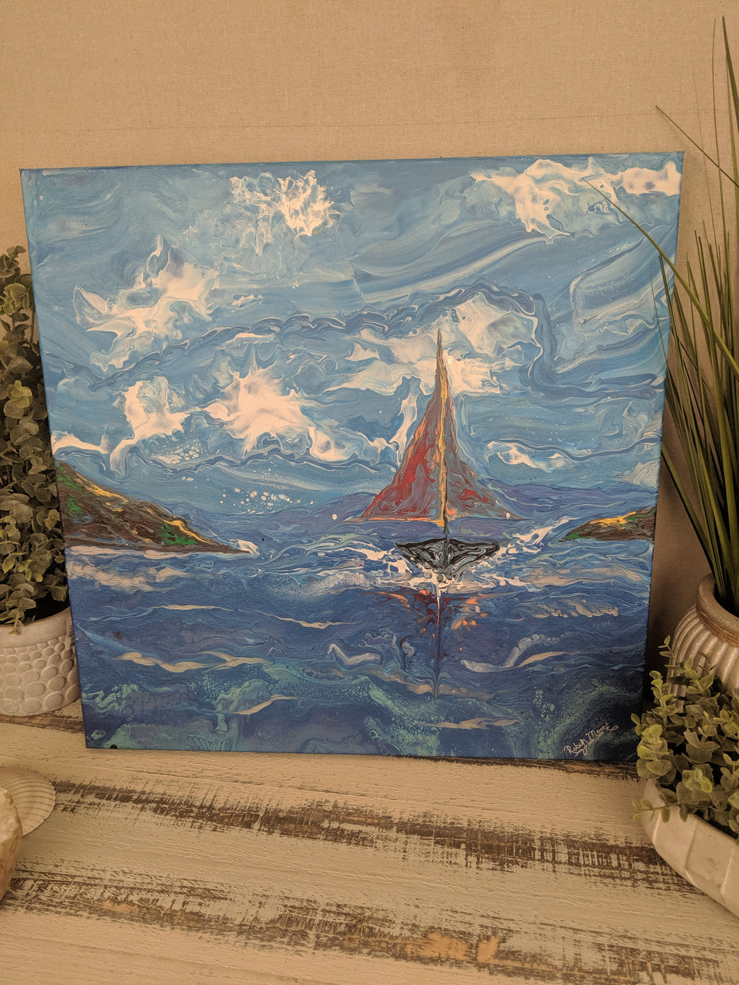 abstract blue teal white fluid ocean art with sailboat