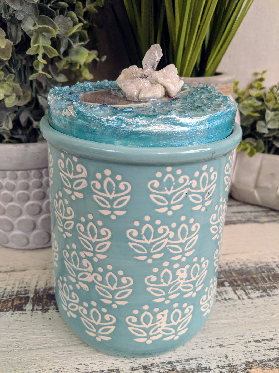teal and white designer canister with teal resin top fire glass and crystals