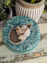 teal and white designer canister with teal resin top fire glass and crystals