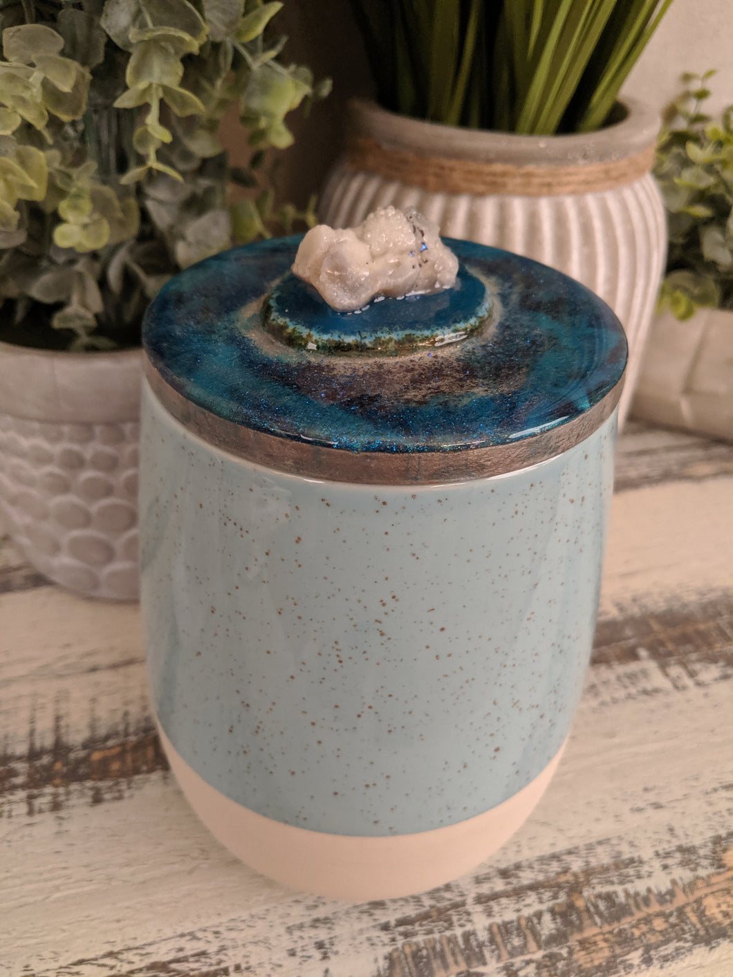 light teal and white canister with teal agate and crystal lid