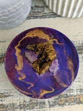 Designer candle canister with purple and gold crystals lid