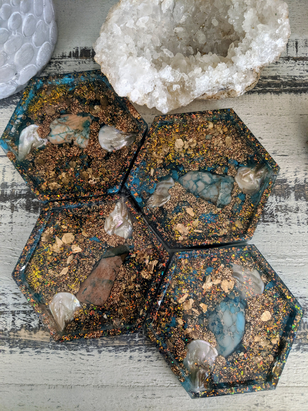 green teal bronze octagon resin coaster set of 4