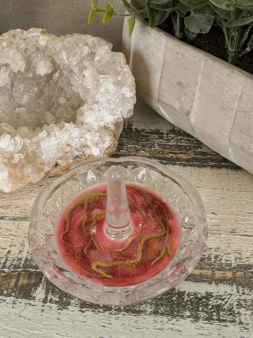 glass ring dish with pink gold resin