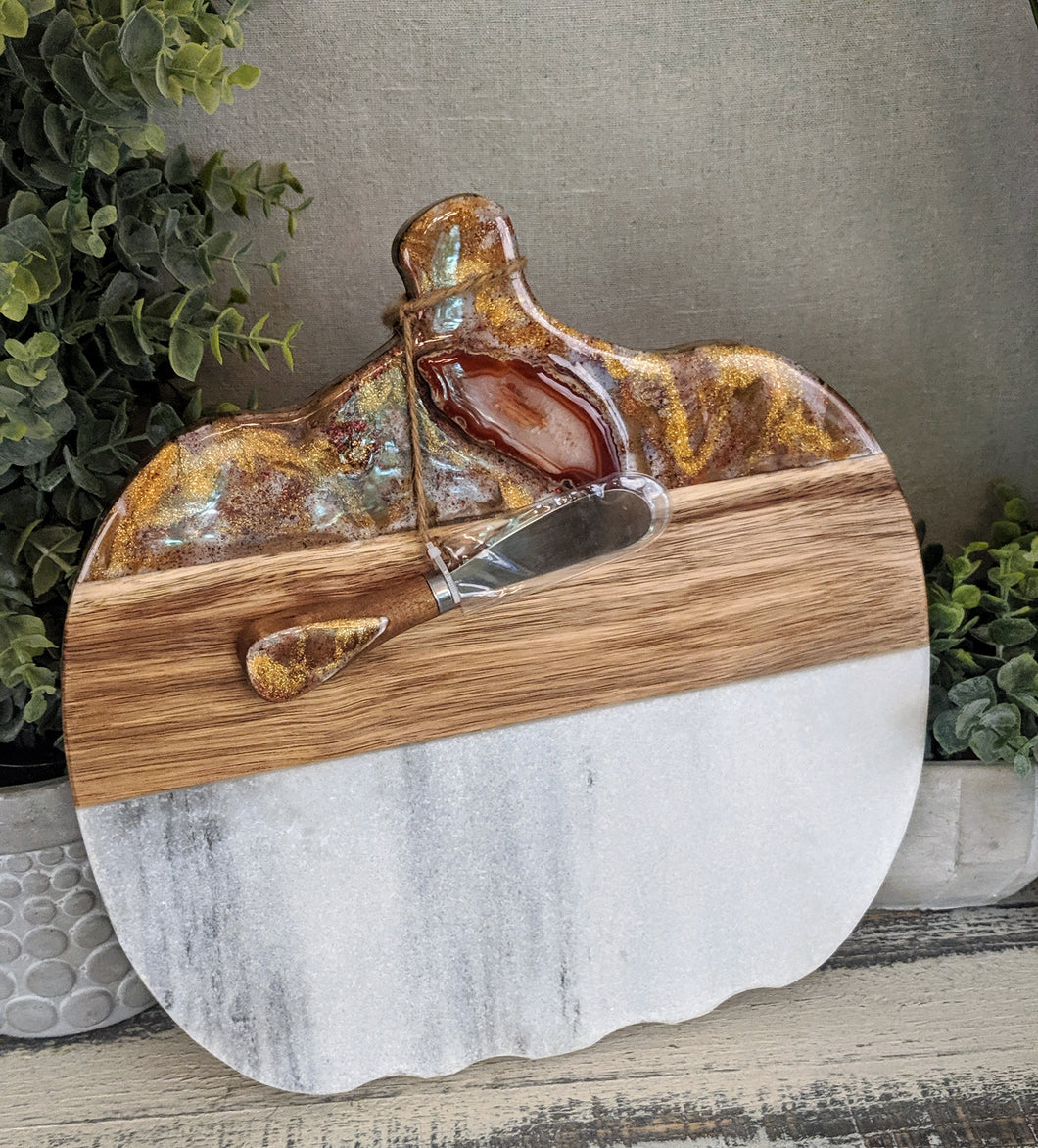 wood marble pumpkin cheeseboard with gold copper bronze resin art