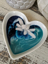 white ceramic heart with abstract ocean resin art and crystal cluster