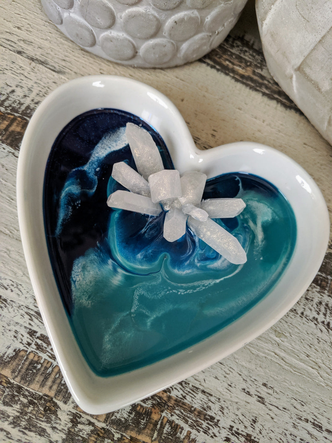 white ceramic heart with abstract ocean resin art and crystal cluster