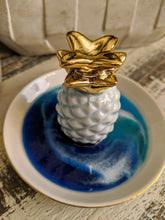ceramic pineapple trinket dish with ocean resin in blue teal and white