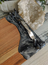 cheese board with black silver and crystals with dragonfly handles
