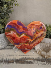 wood heart with abstract orange red gold purple fluid resin
