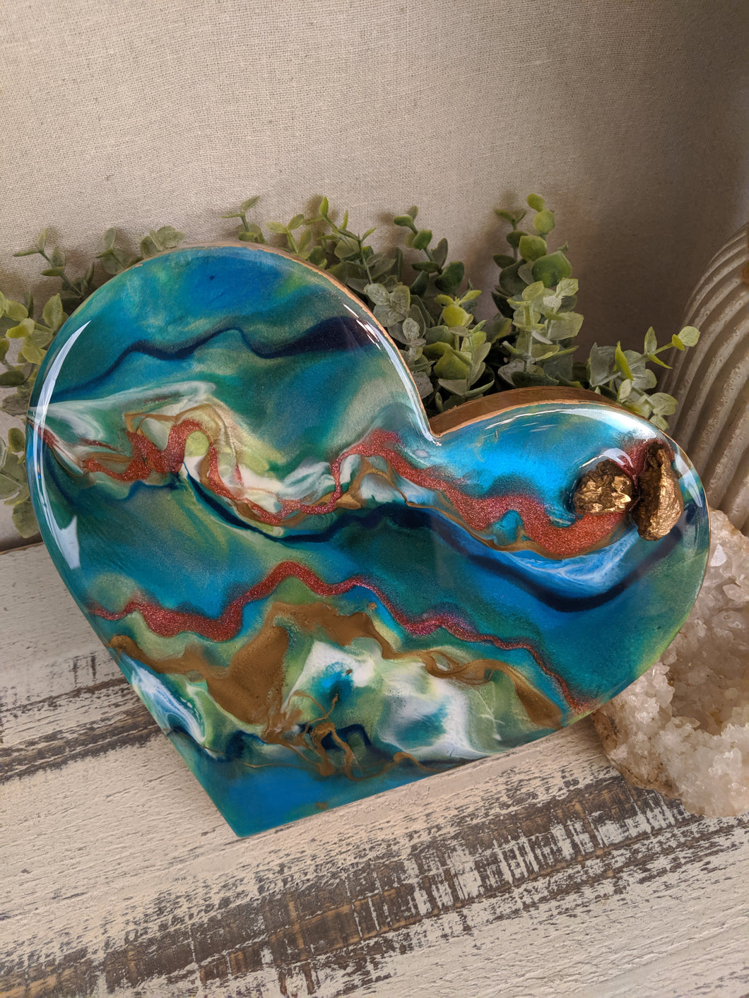 abstract wood heart with blue green teal copper resin and copper stones