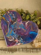 abstract fluid resin heart in purple pink teal and gold with crystals