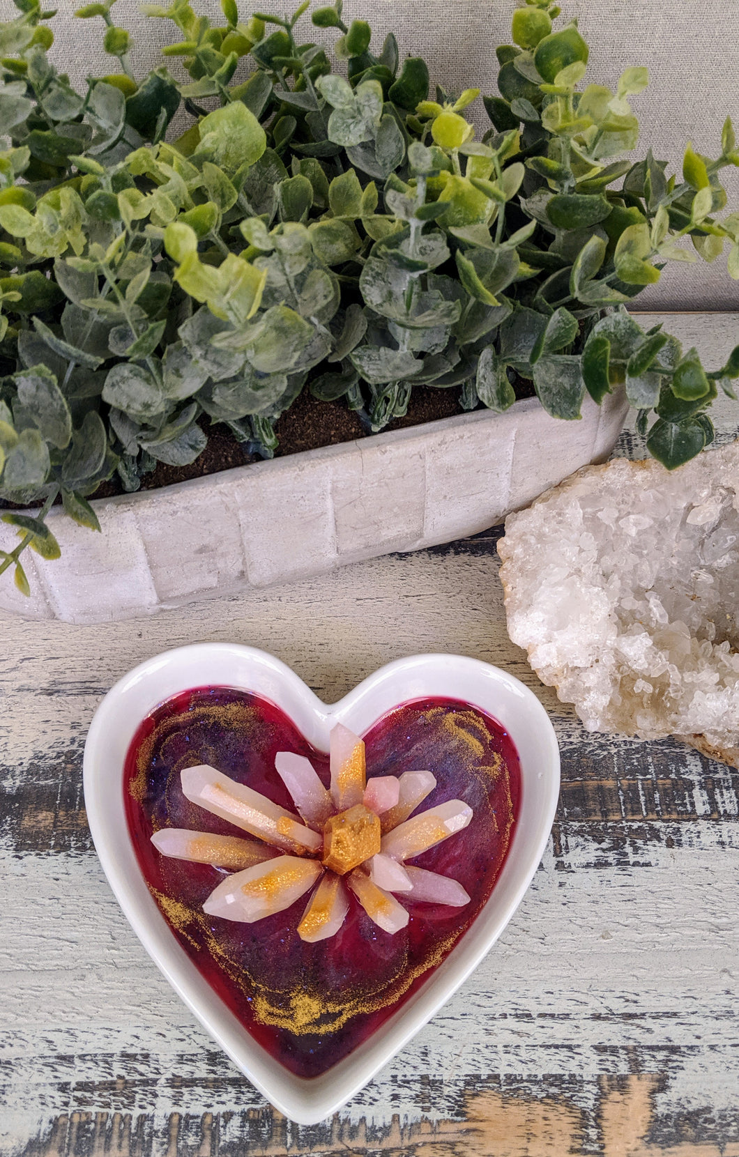white ceramic heart trinket dish with pink and gold resin and crystal cluster