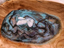 acacia wood trinket dish with resin in teal and glitter with faux crystals