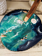 ocean inspired resin and wood banana holder blue and teal with shells