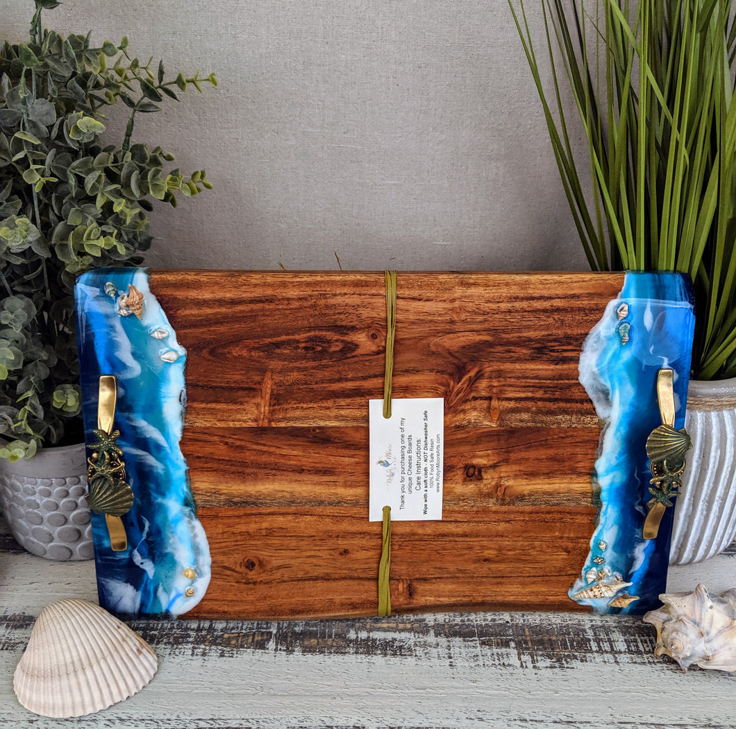 wood cheese board with ocean scene and handles