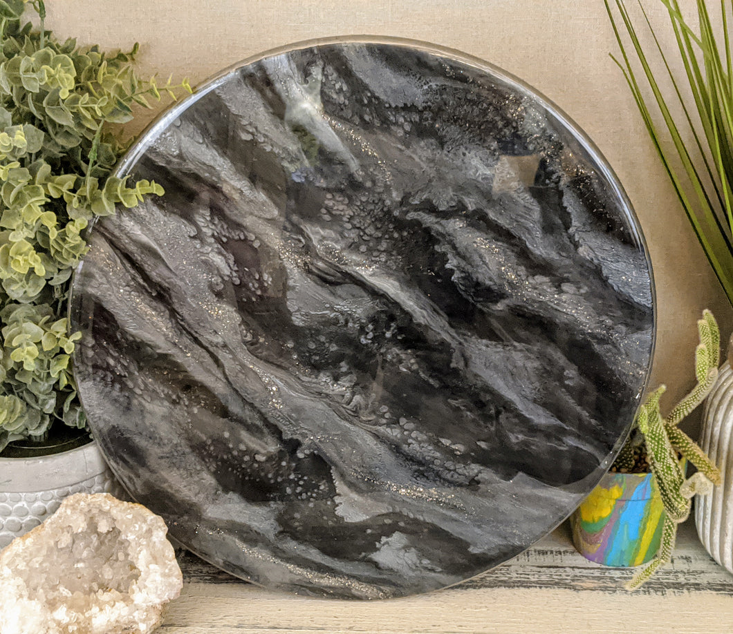 silver black and grey resin lazy susan with silver glitter