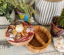 bamboo salt pepper canister with orange resin shells and round agate