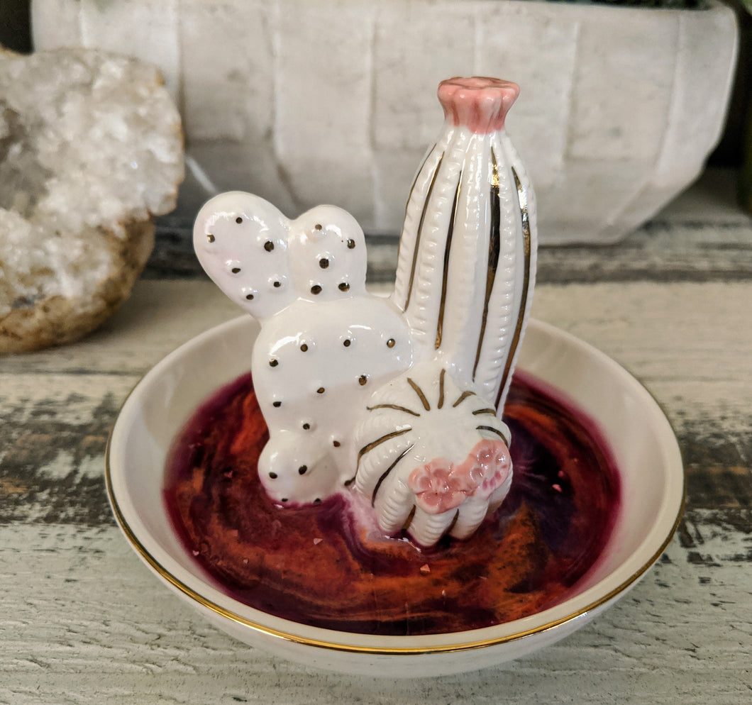 cactus trinket dish with pink and peach resin