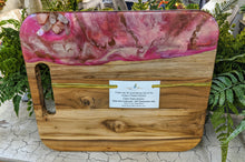 olive wood cheese board with pink cream and bronze resin