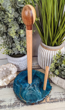 wood paper towel holder with teal white resin and gold glitter