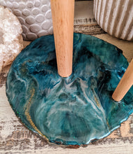 wood paper towel holder with teal white resin and gold glitter