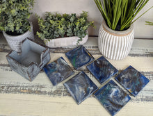 6 wood coasters with blue grey resin and holder