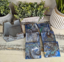 6 wood coasters with blue grey resin and holder