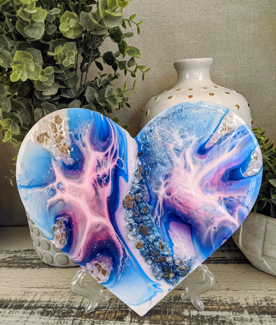 abstract blue pink resin heart with fire glass