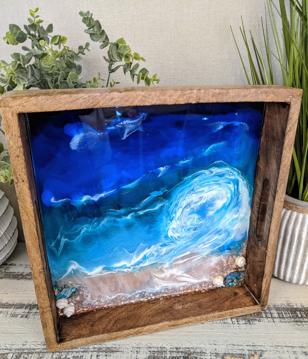 ocean looking wood tray resin blue teal white shells
