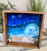 ocean looking wood tray resin blue teal white shells