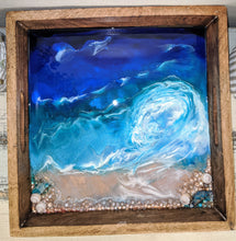 ocean looking wood tray resin blue teal white shells