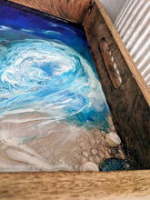 close up ocean looking wood tray resin blue teal white shells
