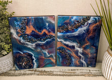vibrant abstract resin art in blue and teal diptych