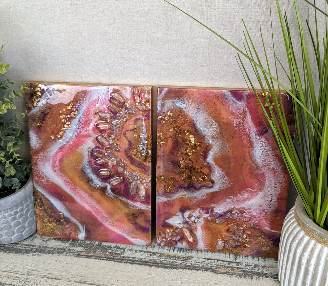 vibrant abstract resin art in orange white purple with crystals