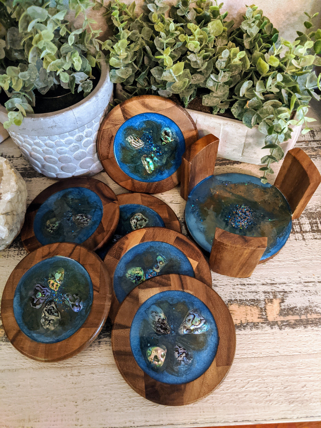 Coasters #51- Round Acacia Wood w/ holder - Epoxy set of 6
