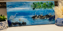 "Slightly closer view of Coastal landscape artwork with ocean horizon, created using recycled glass and resin on a hand-painted background” 