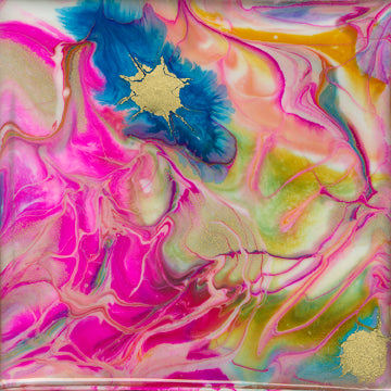 abstract fluid acrylic painting with texture and vibrant blue magenta colors